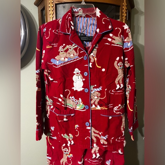 Nick & Nora Vintage Flannel Sock Monkey Winter Pajama Set Small - Picture 2 of 8